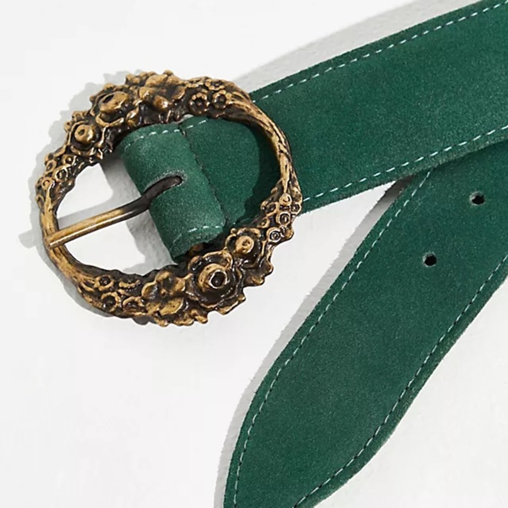 Free People Sabine Green Suede Belt with Ornate Gold Buckle
